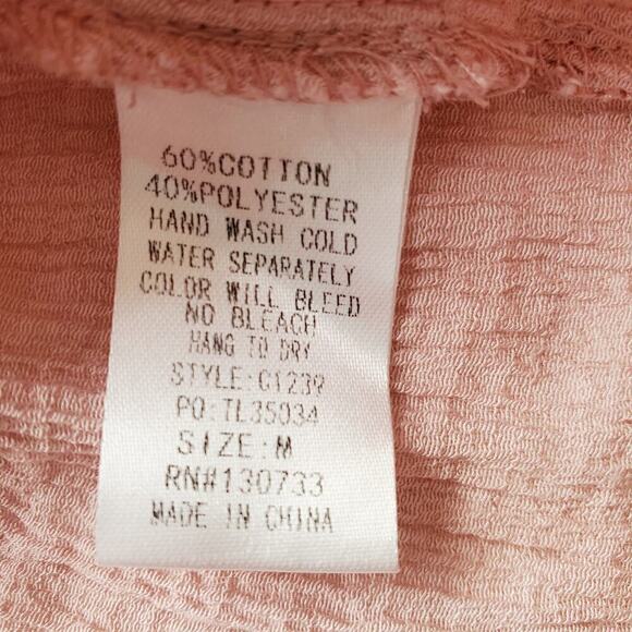 Umgee Blush Pink Crinkle Cotton Ruffle Bell Sleeve Oversized Relaxed M - Picture 9 of 15